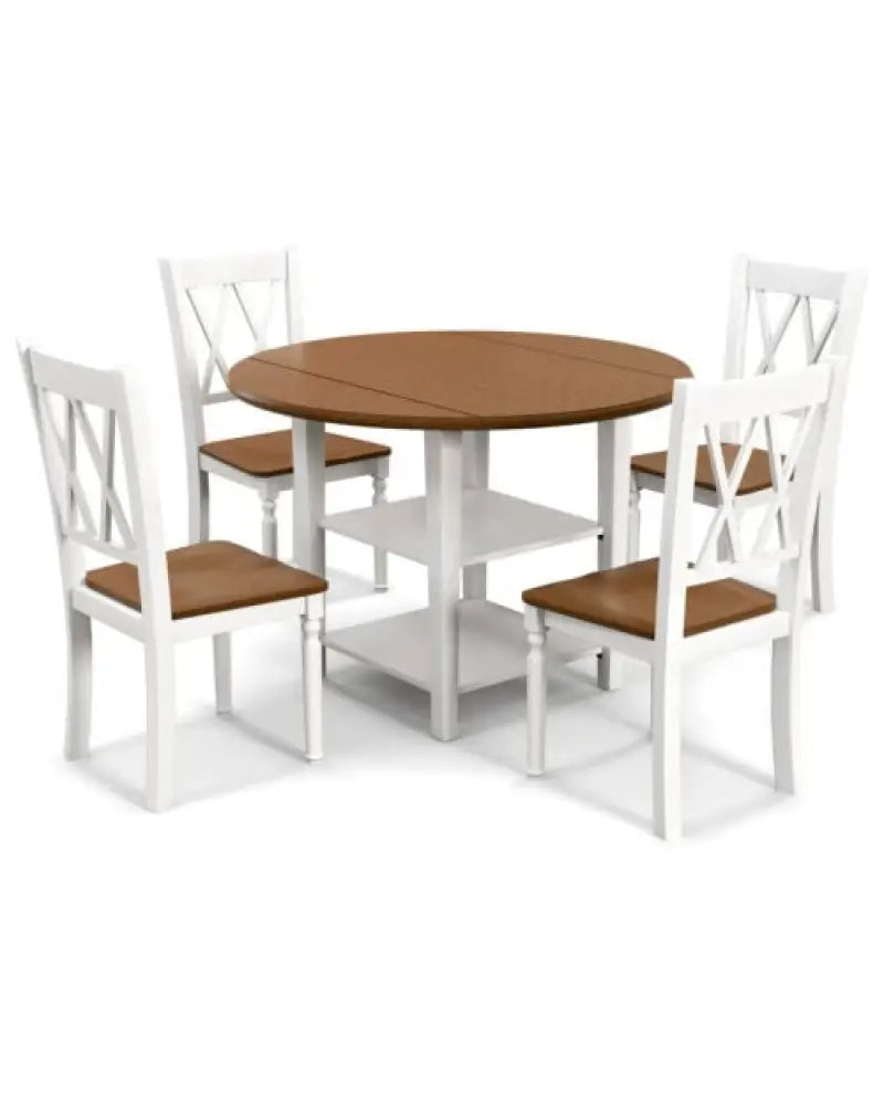 5 Piece Round Kitchen Dining Set with Drop Leaf Table Top - Walnut & Gray - Dining Room Sets