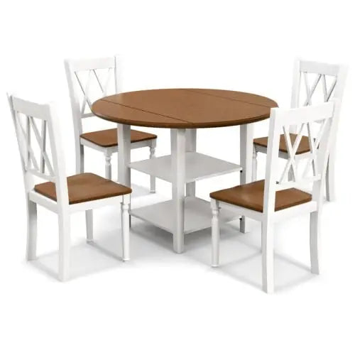 5 Piece Round Kitchen Dining Set with Drop Leaf Table Top - Walnut & Gray - Dining Room Sets