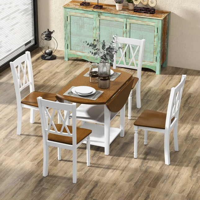 5 Piece Round Kitchen Dining Set with Drop Leaf Table Top Costway