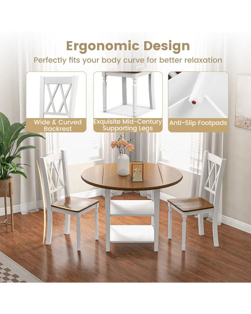 5 Piece Round Kitchen Dining Set with Drop Leaf Table Top - Walnut & Gray - Dining Room Sets