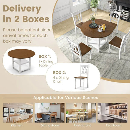 5 Piece Round Kitchen Dining Set with Drop Leaf Table Top Costway