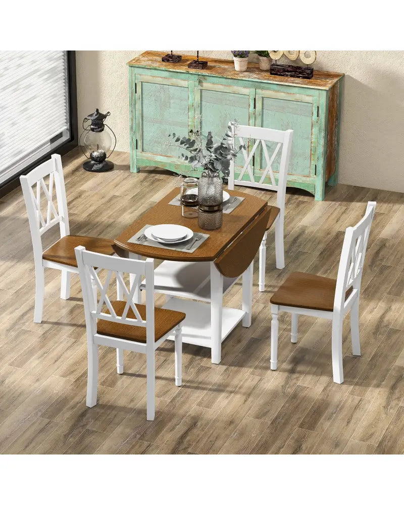 5 Piece Round Kitchen Dining Set with Drop Leaf Table Top - Walnut & Gray - Dining Room Sets