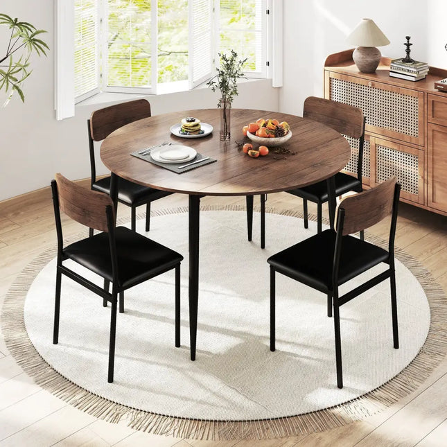 5-Piece Round Kitchen Table Set with Drop Leaf Tabletop and 4 Upholstered Dining Chairs-Brown Costway