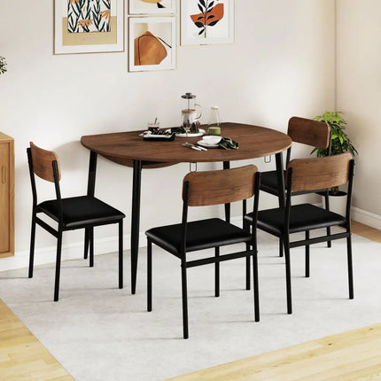 5-Piece Round Kitchen Table Set with Drop Leaf Tabletop and 4 Upholstered Dining Chairs-Brown Costway