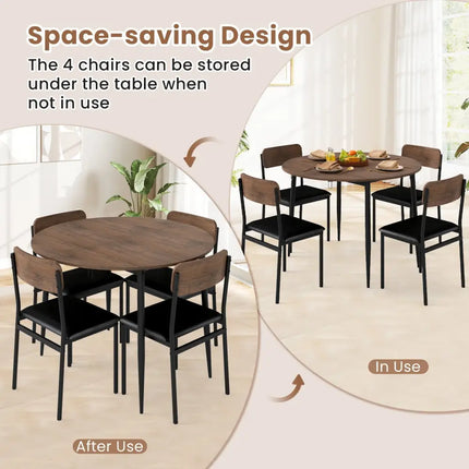 5-Piece Round Kitchen Table Set with Drop Leaf Tabletop and 4 Upholstered Dining Chairs-Brown Costway