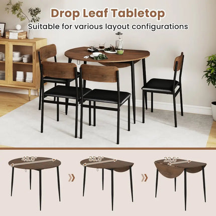 5-Piece Round Kitchen Table Set with Drop Leaf Tabletop and 4 Upholstered Dining Chairs-Brown Costway