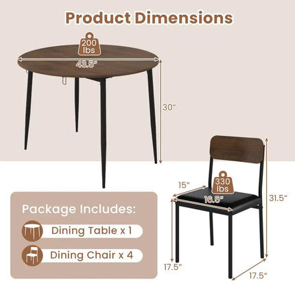 5-Piece Round Kitchen Table Set with Drop Leaf Tabletop and 4 Upholstered Dining Chairs-Brown Costway