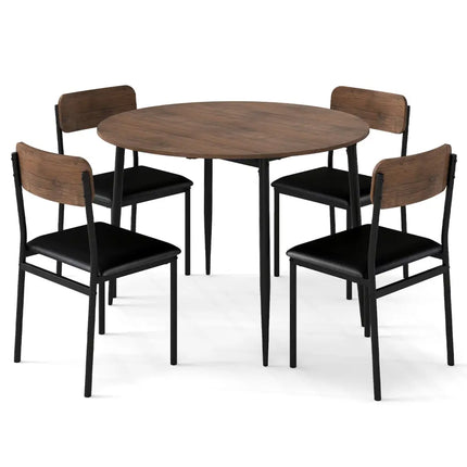 5-Piece Round Kitchen Table Set with Drop Leaf Tabletop and 4 Upholstered Dining Chairs-Brown Costway