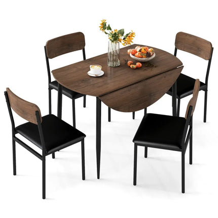 5-Piece Round Kitchen Table Set with Drop Leaf Tabletop and 4 Upholstered Dining Chairs-Brown Costway