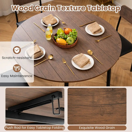 5-Piece Round Kitchen Table Set with Drop Leaf Tabletop and 4 Upholstered Dining Chairs-Brown Costway
