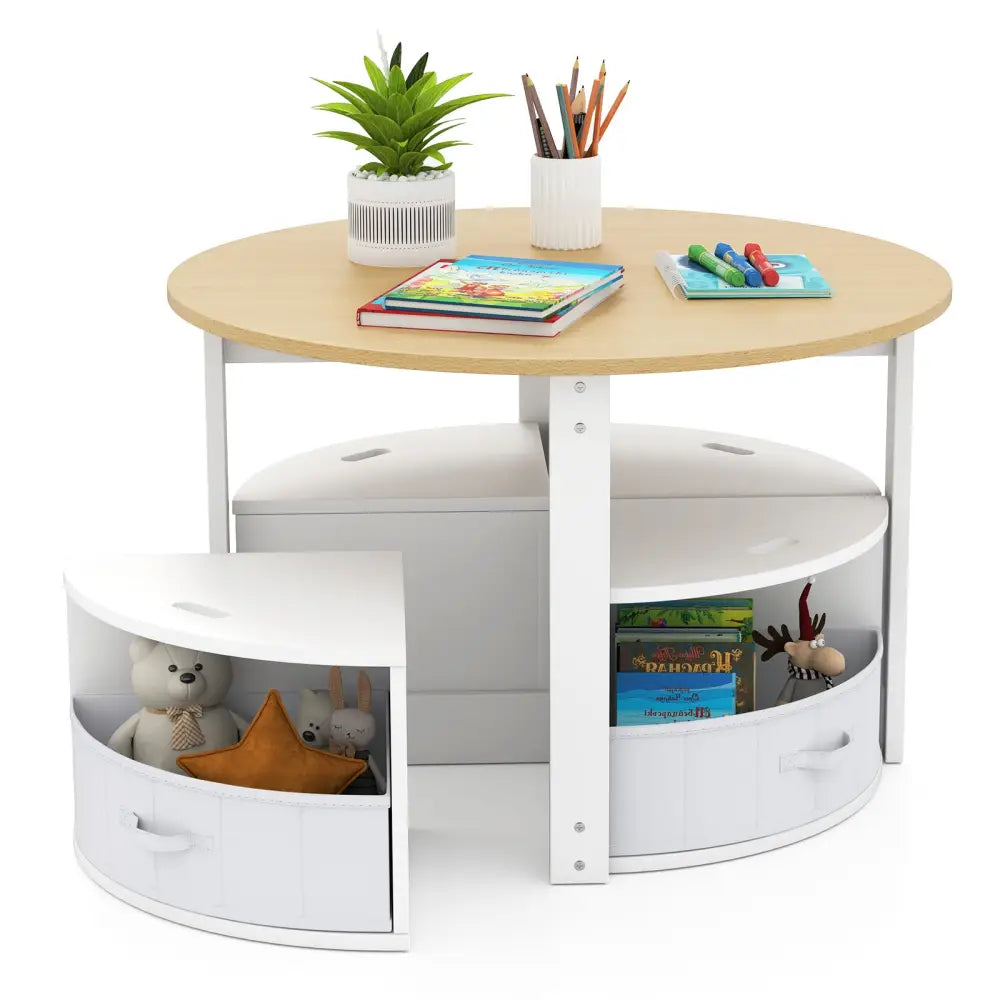 5 Piece Toddler Round Nesting Table with 4 Storage Stools for Activity-Natural - Natural - Kids Table & Chair Sets