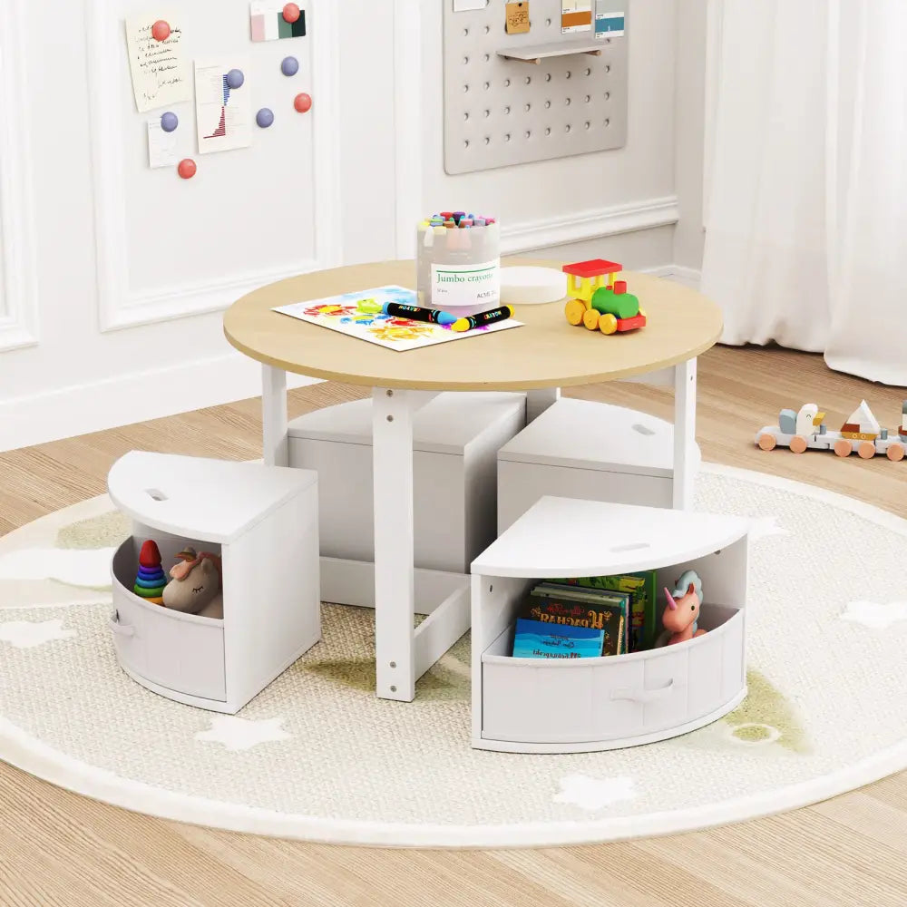 5 Piece Toddler Round Nesting Table with 4 Storage Stools for Activity-Natural - Natural - Kids Table & Chair Sets