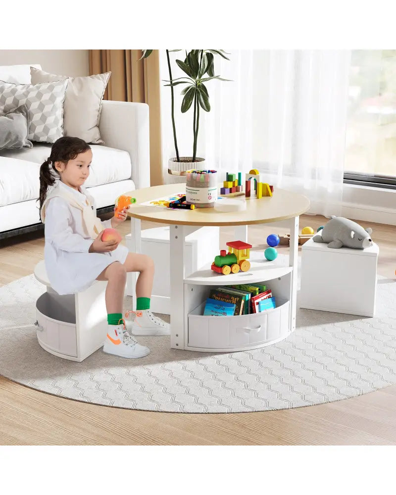 5 Piece Toddler Round Nesting Table with 4 Storage Stools for Activity-Natural - Natural - Kids Table & Chair Sets