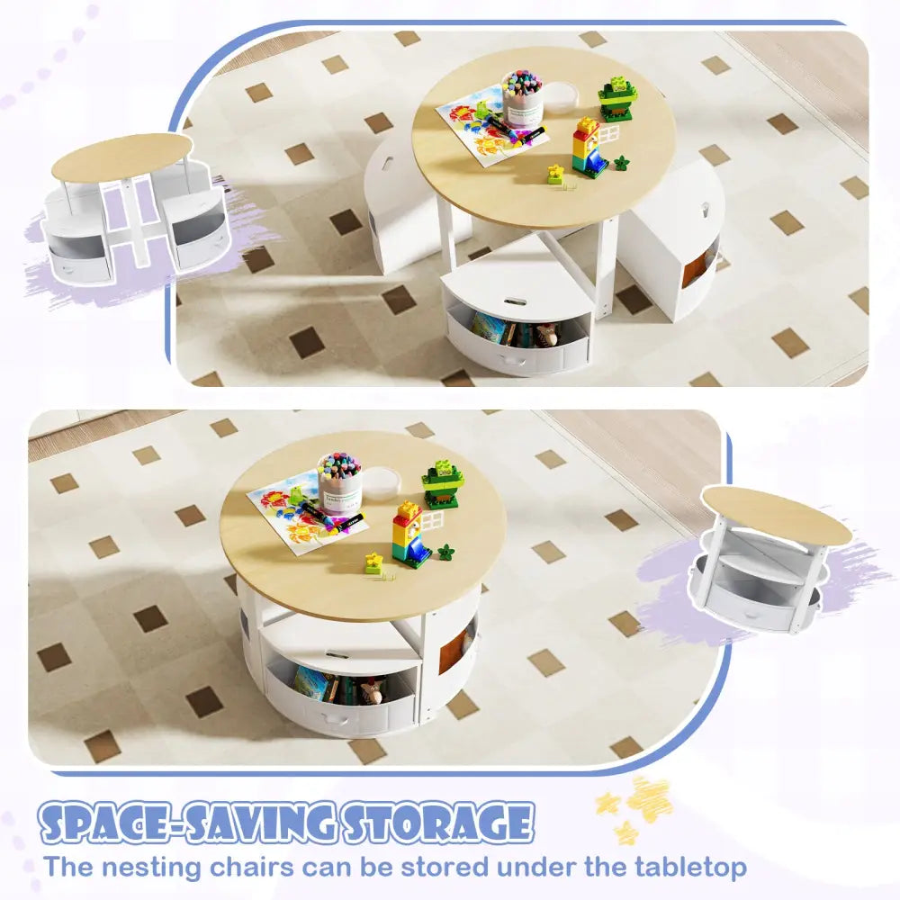 5 Piece Toddler Round Nesting Table with 4 Storage Stools for Activity-Natural - Natural - Kids Table & Chair Sets