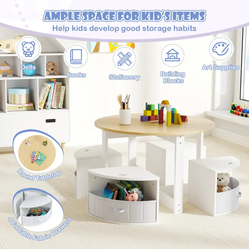 5 Piece Toddler Round Nesting Table with 4 Storage Stools for Activity-Natural - Natural - Kids Table & Chair Sets