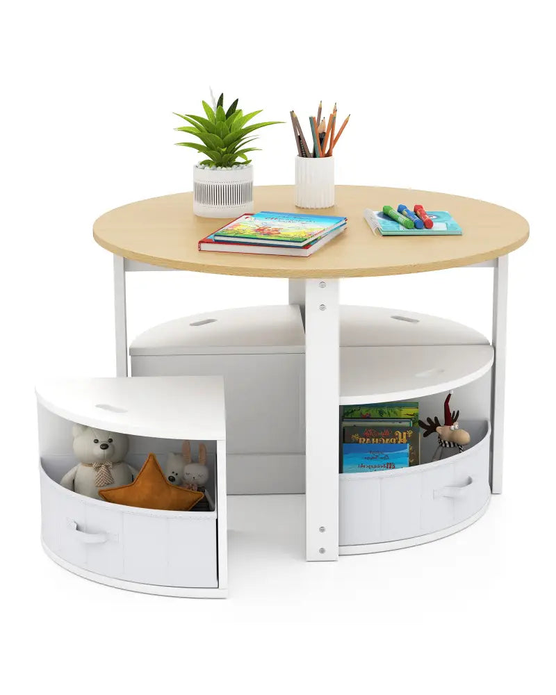 5 Piece Toddler Round Nesting Table with 4 Storage Stools for Activity-Natural - Natural - Kids Table & Chair Sets