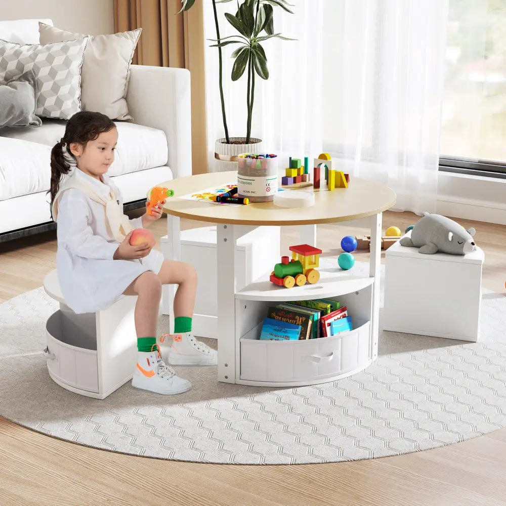 5 Piece Toddler Round Nesting Table with 4 Storage Stools for Activity-Natural - Natural - Kids Table & Chair Sets