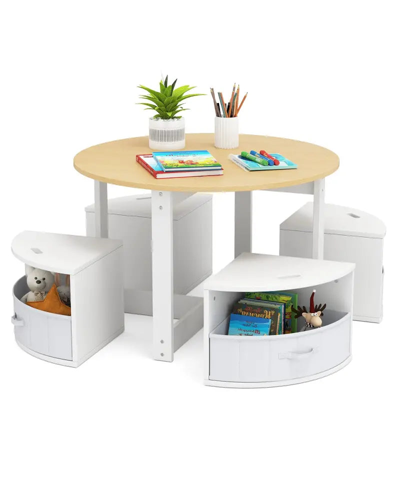 5 Piece Toddler Round Nesting Table with 4 Storage Stools for Activity-Natural - Natural - Kids Table & Chair Sets