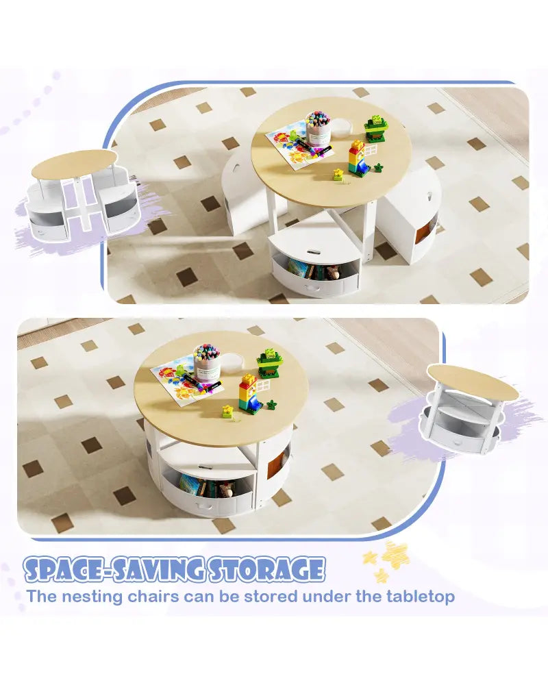 5 Piece Toddler Round Nesting Table with 4 Storage Stools for Activity-Natural - Natural - Kids Table & Chair Sets