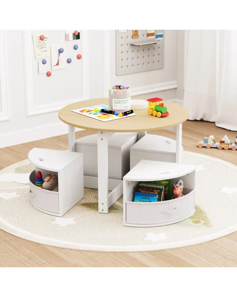 5 Piece Toddler Round Nesting Table with 4 Storage Stools for Activity-Natural - Natural - Kids Table & Chair Sets
