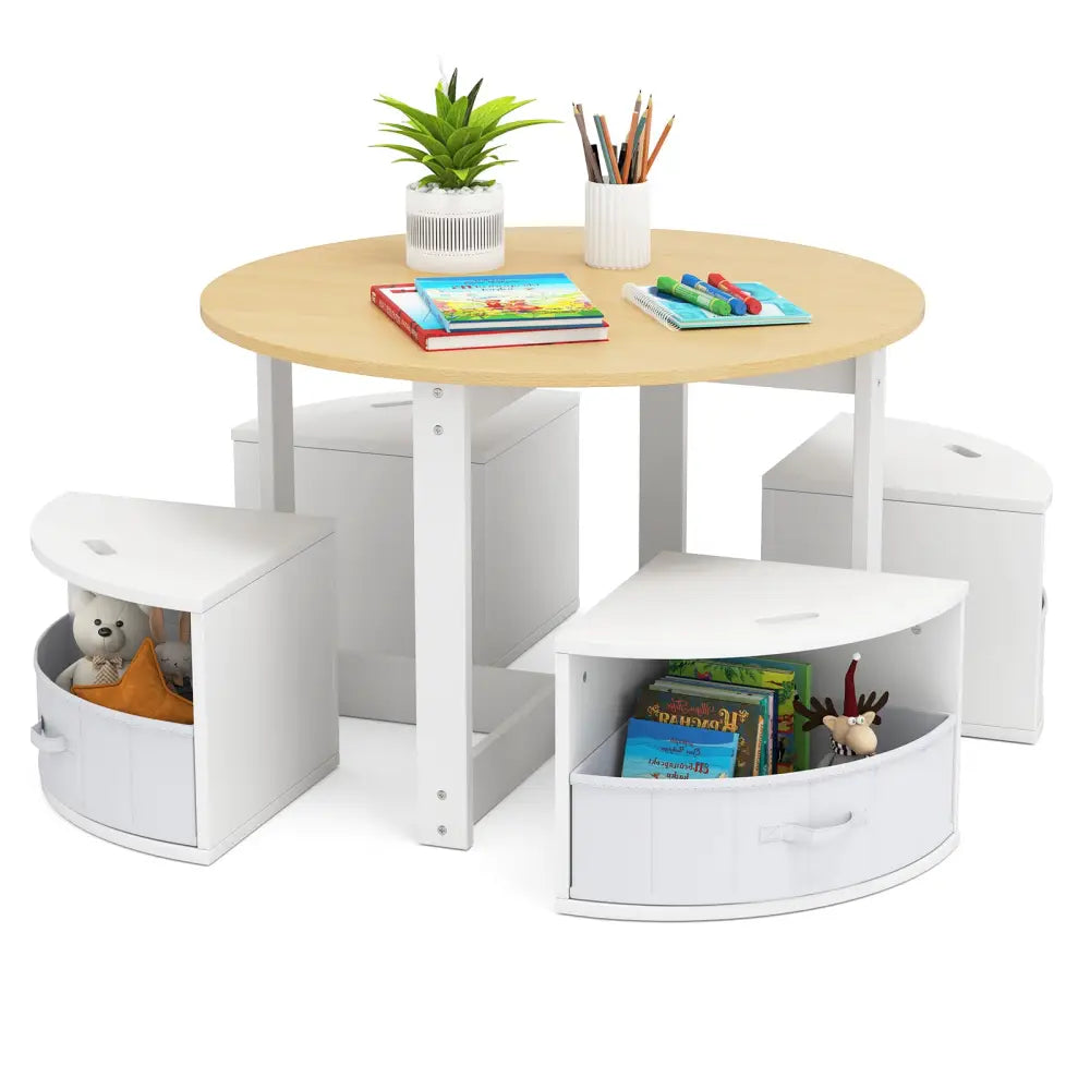 5 Piece Toddler Round Nesting Table with 4 Storage Stools for Activity-Natural - Natural - Kids Table & Chair Sets