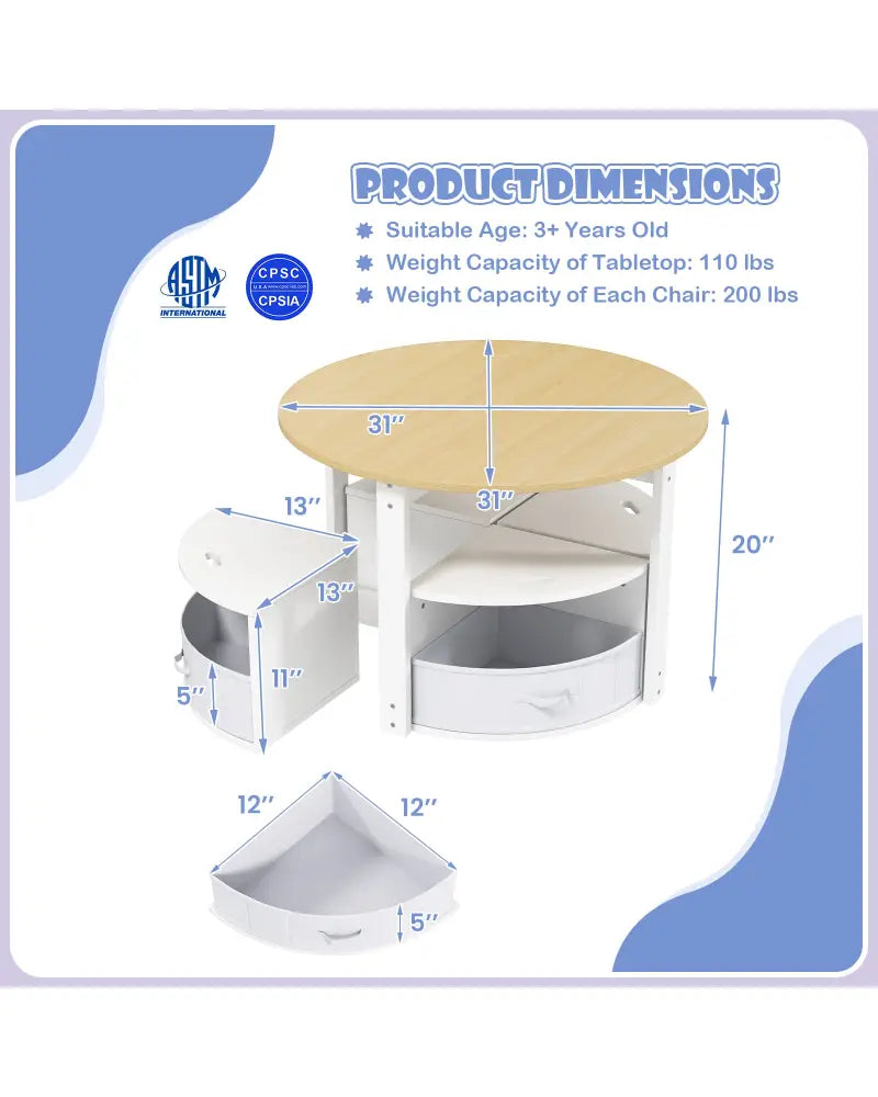 5 Piece Toddler Round Nesting Table with 4 Storage Stools for Activity-Natural - Natural - Kids Table & Chair Sets