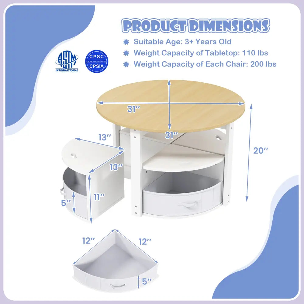 5 Piece Toddler Round Nesting Table with 4 Storage Stools for Activity-Natural - Natural - Kids Table & Chair Sets