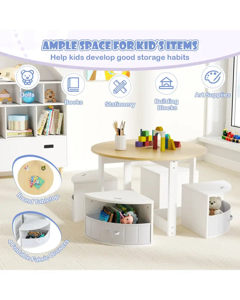 5 Piece Toddler Round Nesting Table with 4 Storage Stools for Activity-Natural - Natural - Kids Table & Chair Sets