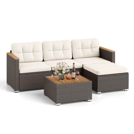 5-Piece Wicker Conversation Set Rattan Set with Cushions and Coffee Table-White - White - Patio Conversation Sets