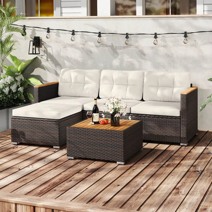 5-Piece Wicker Conversation Set Rattan Set with Cushions and Coffee Table-White - White - Patio Conversation Sets