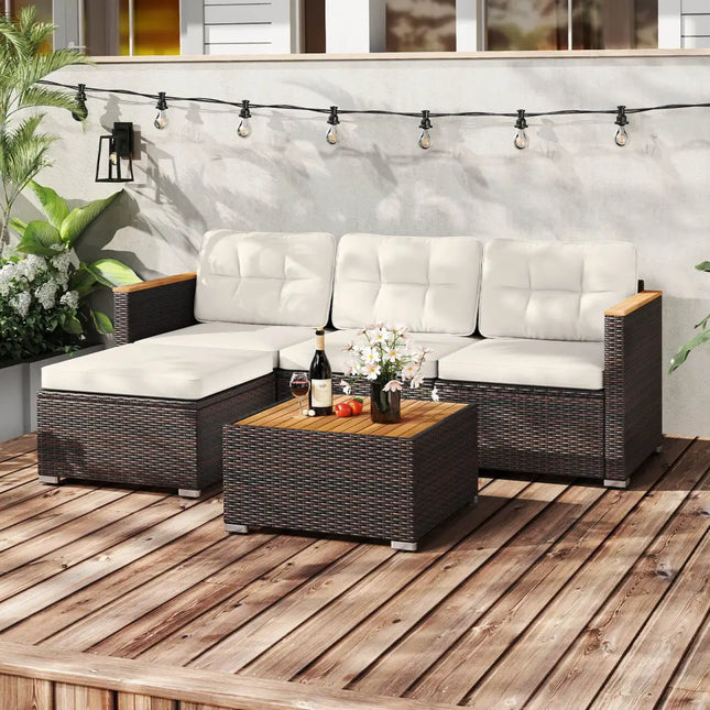 5-Piece Wicker Conversation Set Rattan Set with Cushions and Coffee Table-White - White - Patio Conversation Sets