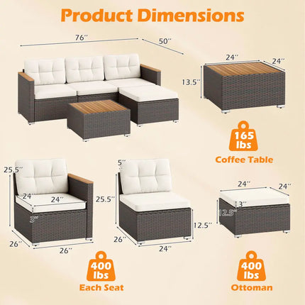 5-Piece Wicker Conversation Set Rattan Set with Cushions and Coffee Table-White - White - Patio Conversation Sets