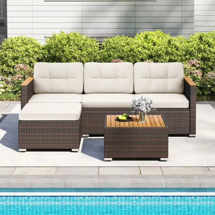5-Piece Wicker Conversation Set Rattan Set with Cushions and Coffee Table-White - White - Patio Conversation Sets