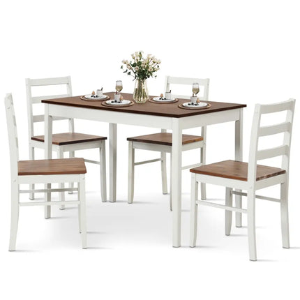 5-Piece Wooden Dining Set with Rectangular Table and 4 Chairs-Coffee and White Costway