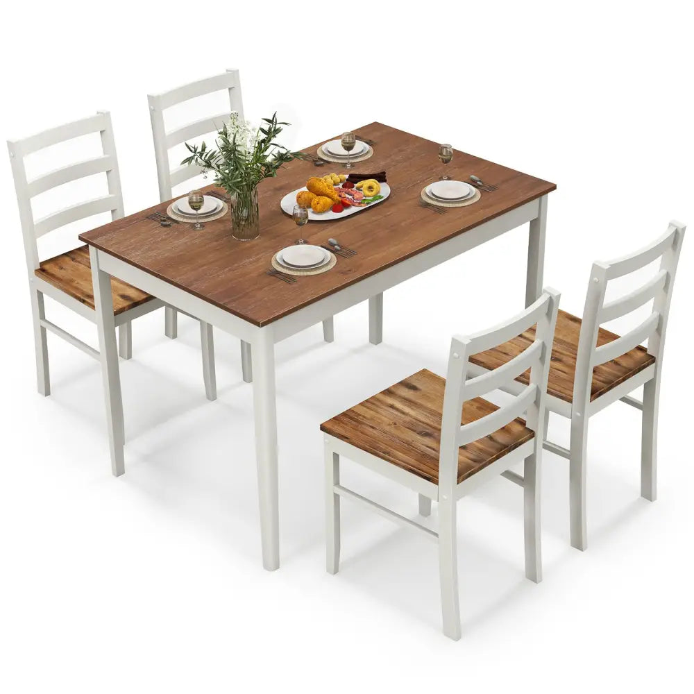 5-Piece Wooden Dining Set with Rectangular Table and 4 Chairs-Coffee and White Costway