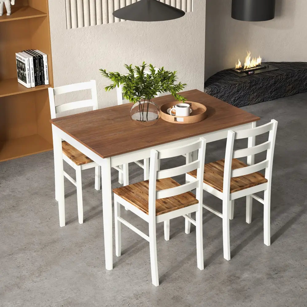 5-Piece Wooden Dining Set with Rectangular Table and 4 Chairs-Coffee and White Costway