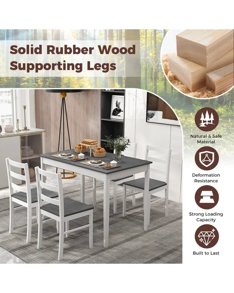 5-Piece Wooden Dining Set with Rectangular Table and 4 Chairs-Gray - Gray - Dining Room Sets
