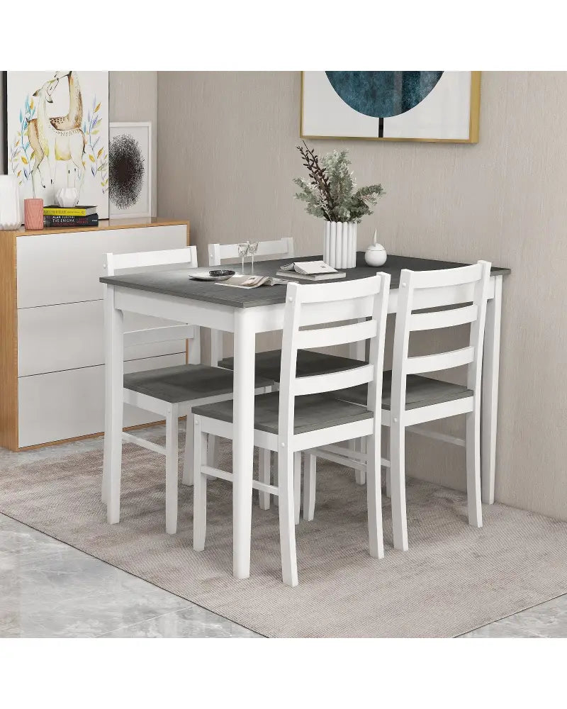 5-Piece Wooden Dining Set with Rectangular Table and 4 Chairs-Gray - Gray - Dining Room Sets