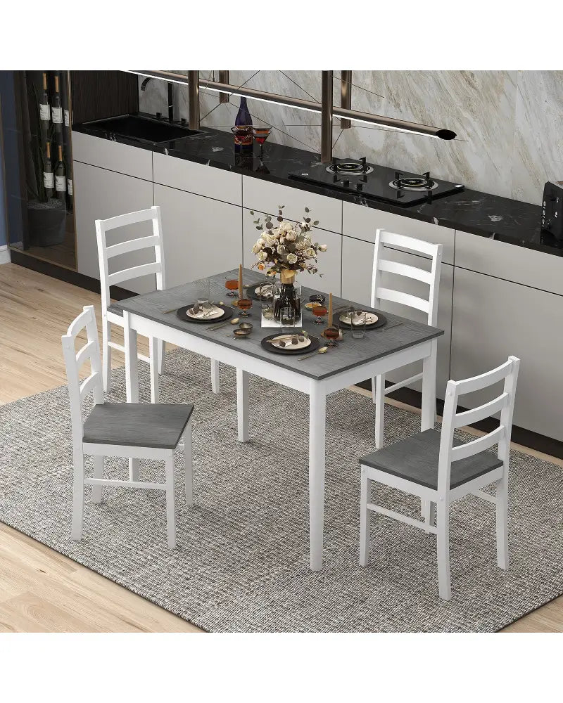 5-Piece Wooden Dining Set with Rectangular Table and 4 Chairs-Gray - Gray - Dining Room Sets