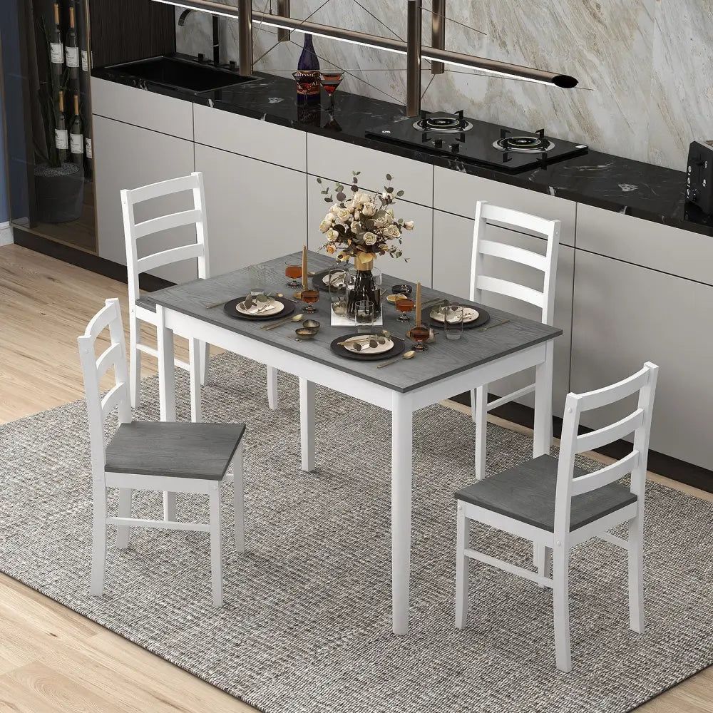 5-Piece Wooden Dining Set with Rectangular Table and 4 Chairs-Gray - Gray - Dining Room Sets