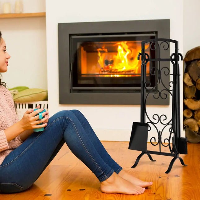 5 Piece Wrought Iron Fireplace Tools with Decor Holder-Black - Black - Fireplace Tools