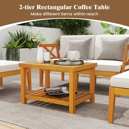 5 Pieces Acacia Wood Patio Chaise Lounge Chair Set with Ottoman and Cushions-White - White - Patio Conversation Sets
