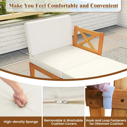 5 Pieces Acacia Wood Patio Chaise Lounge Chair Set with Ottoman and Cushions-White - White - Patio Conversation Sets