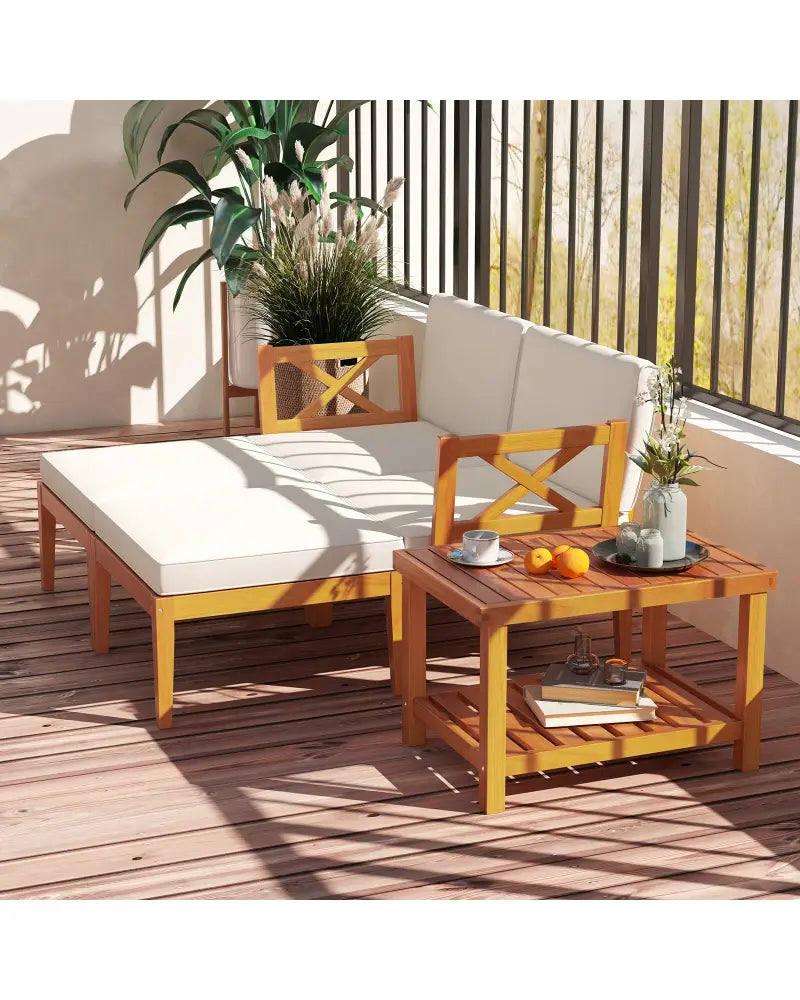 5 Pieces Acacia Wood Patio Chaise Lounge Chair Set with Ottoman and Cushions-White - White - Patio Conversation Sets