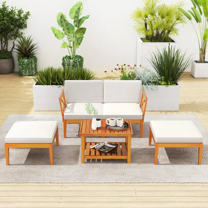 5 Pieces Acacia Wood Patio Chaise Lounge Chair Set with Ottoman and Cushions-White - White - Patio Conversation Sets