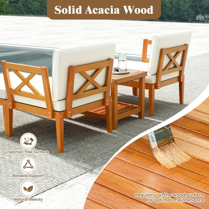 5 Pieces Acacia Wood Patio Chaise Lounge Chair Set with Ottoman and Cushions-White - White - Patio Conversation Sets