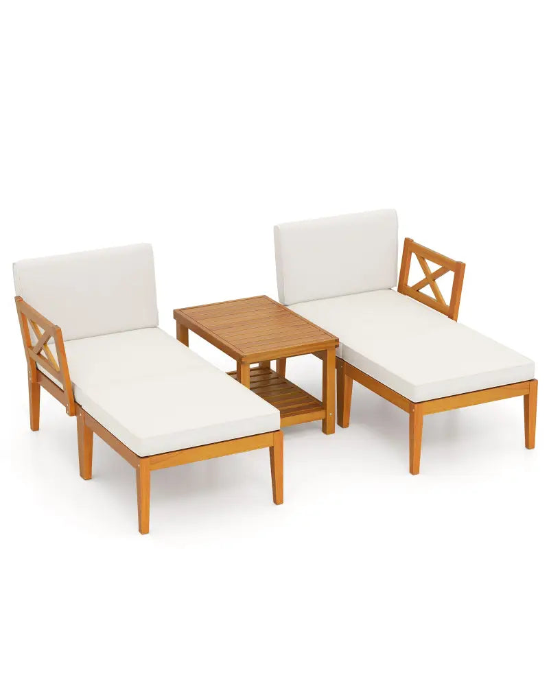 5 Pieces Acacia Wood Patio Chaise Lounge Chair Set with Ottoman and Cushions-White - White - Patio Conversation Sets