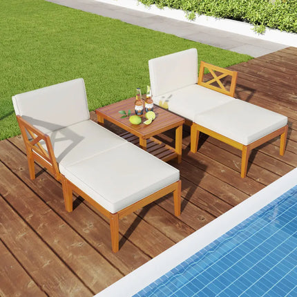 5 Pieces Acacia Wood Patio Chaise Lounge Chair Set with Ottoman and Cushions-White - White - Patio Conversation Sets