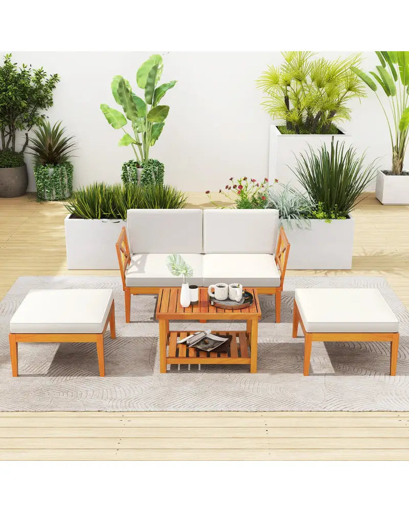 5 Pieces Acacia Wood Patio Chaise Lounge Chair Set with Ottoman and Cushions-White - White - Patio Conversation Sets