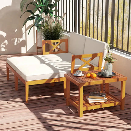 5 Pieces Acacia Wood Patio Chaise Lounge Chair Set with Ottoman and Cushions-White - White - Patio Conversation Sets